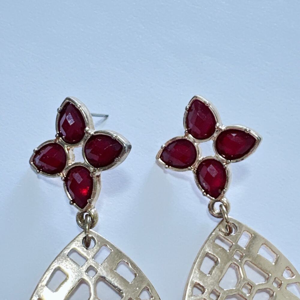 Lattice Dangle Earrings Pierced Ruby Red Faux Stones Drop Goldtone Intricate - Picture 2 of 4